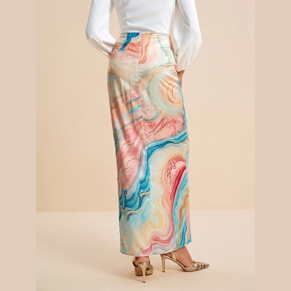 Orange / Blue Marble Print Draped Wrap Front High Slit Maxi Skirt - Picture 2 of 7